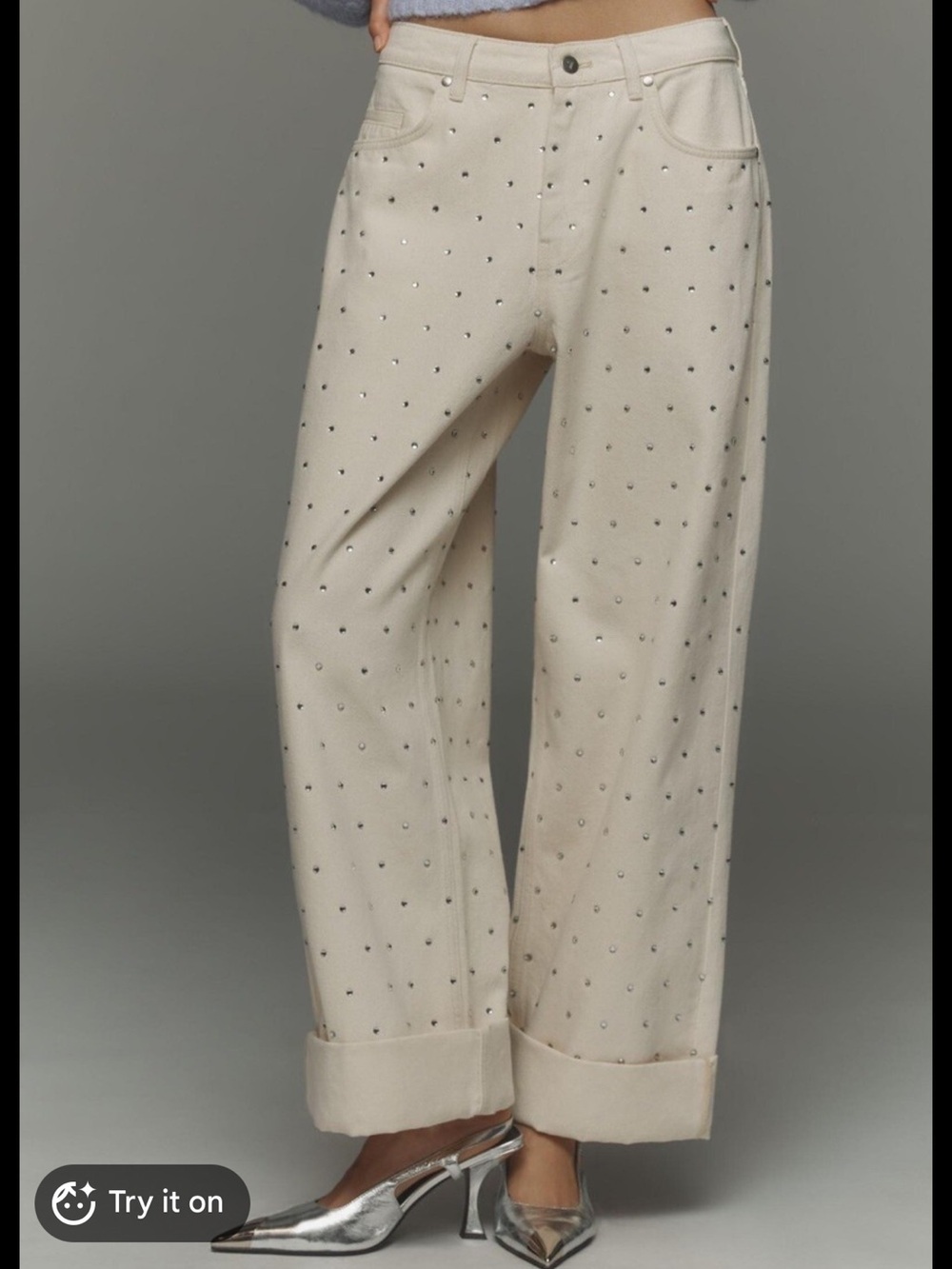 Pilcro Cream Rhinestone-Embellished Wide-Leg Jeans